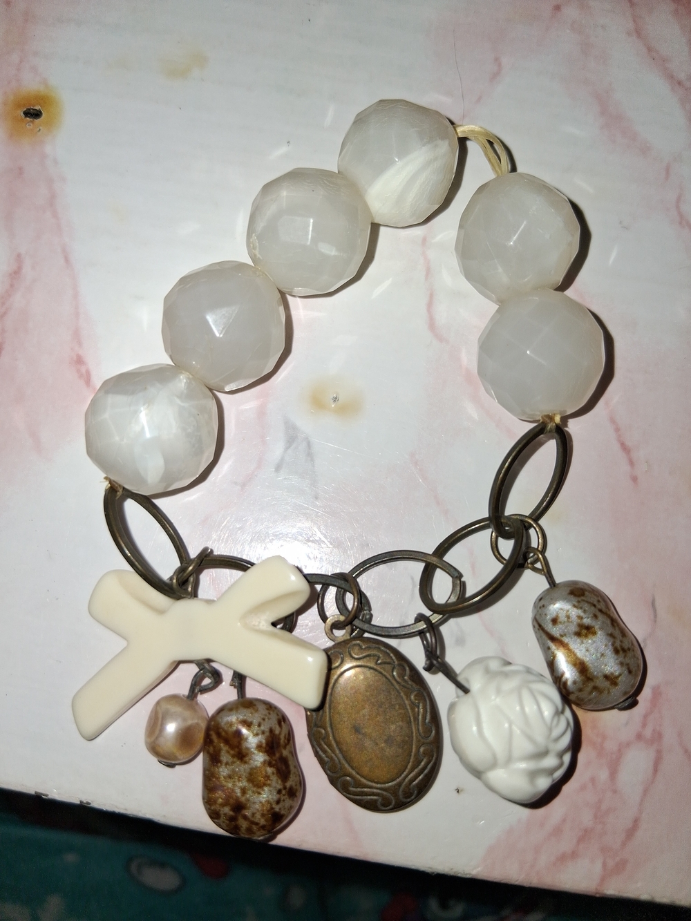 White Beaded Cross Charm Bracelet with Mixed Charms